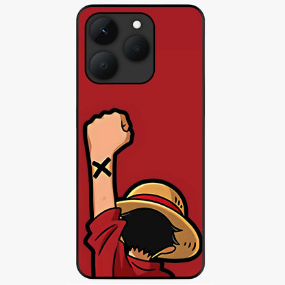 Luffy X Spirit Glass Case showing flat back view with bold anime character artwork and glossy glass finish.