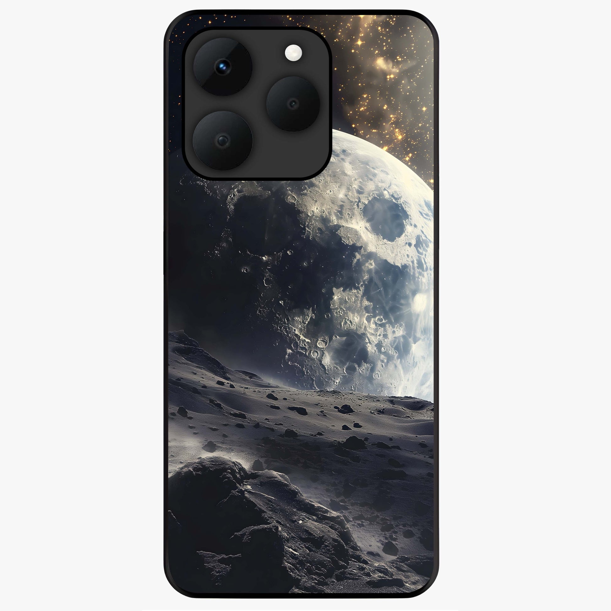 Lunar Horizon Glow Glass Case showing flat back view with glowing moon horizon artwork and glossy glass finish.