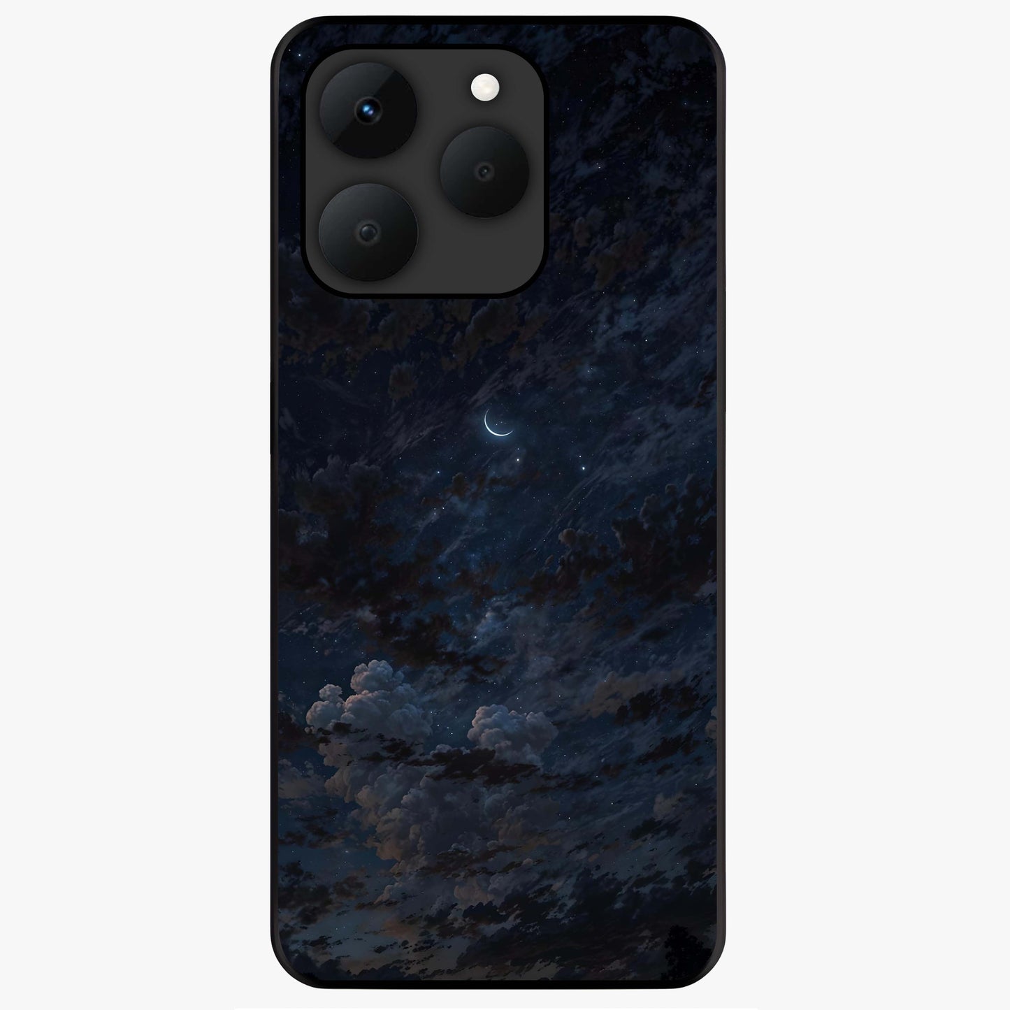 Lunar Veil Silence Glass Case showing flat back view with mystical moon veil artwork and glossy glass finish.