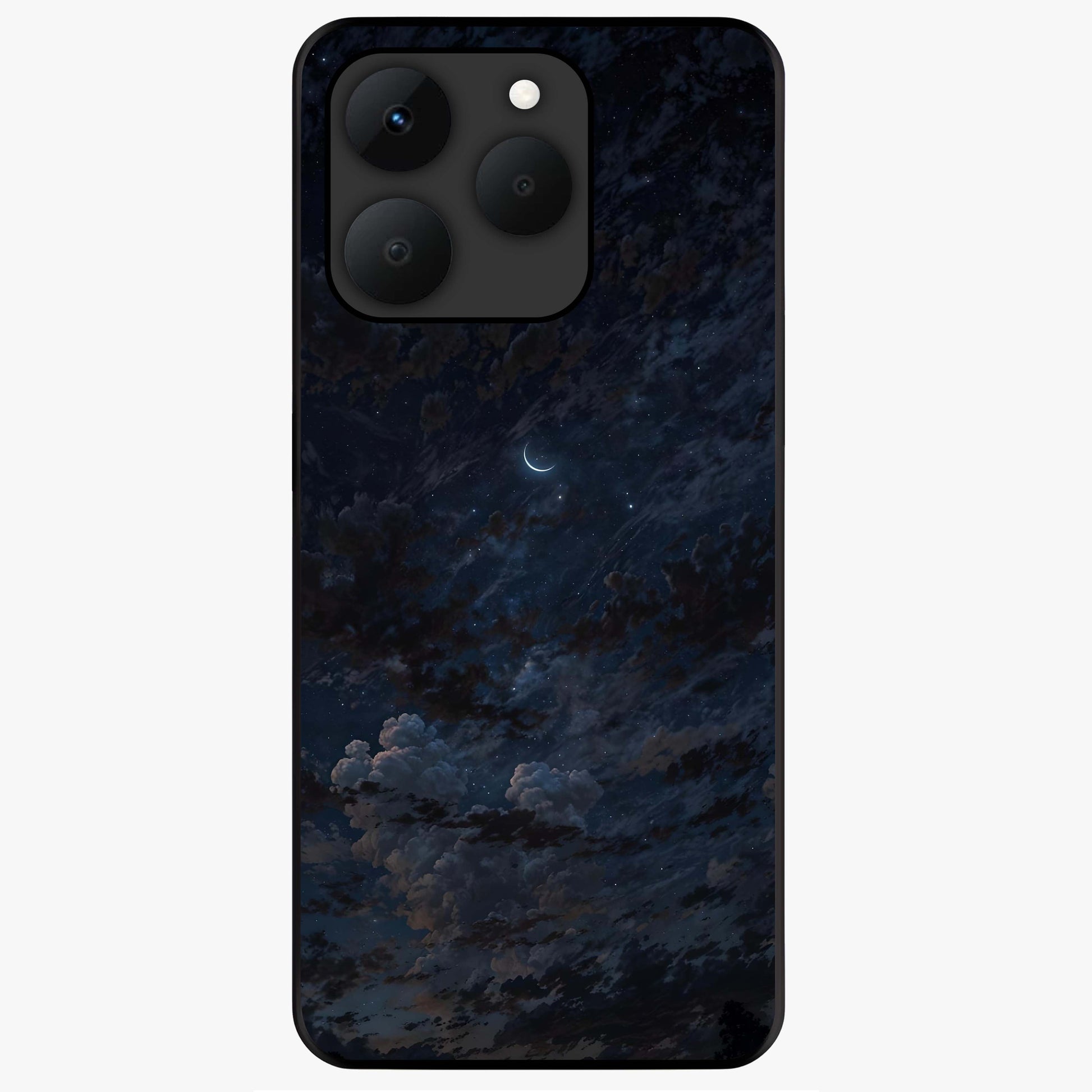 Lunar Veil Silence Glass Case showing flat back view with mystical moon veil artwork and glossy glass finish.
