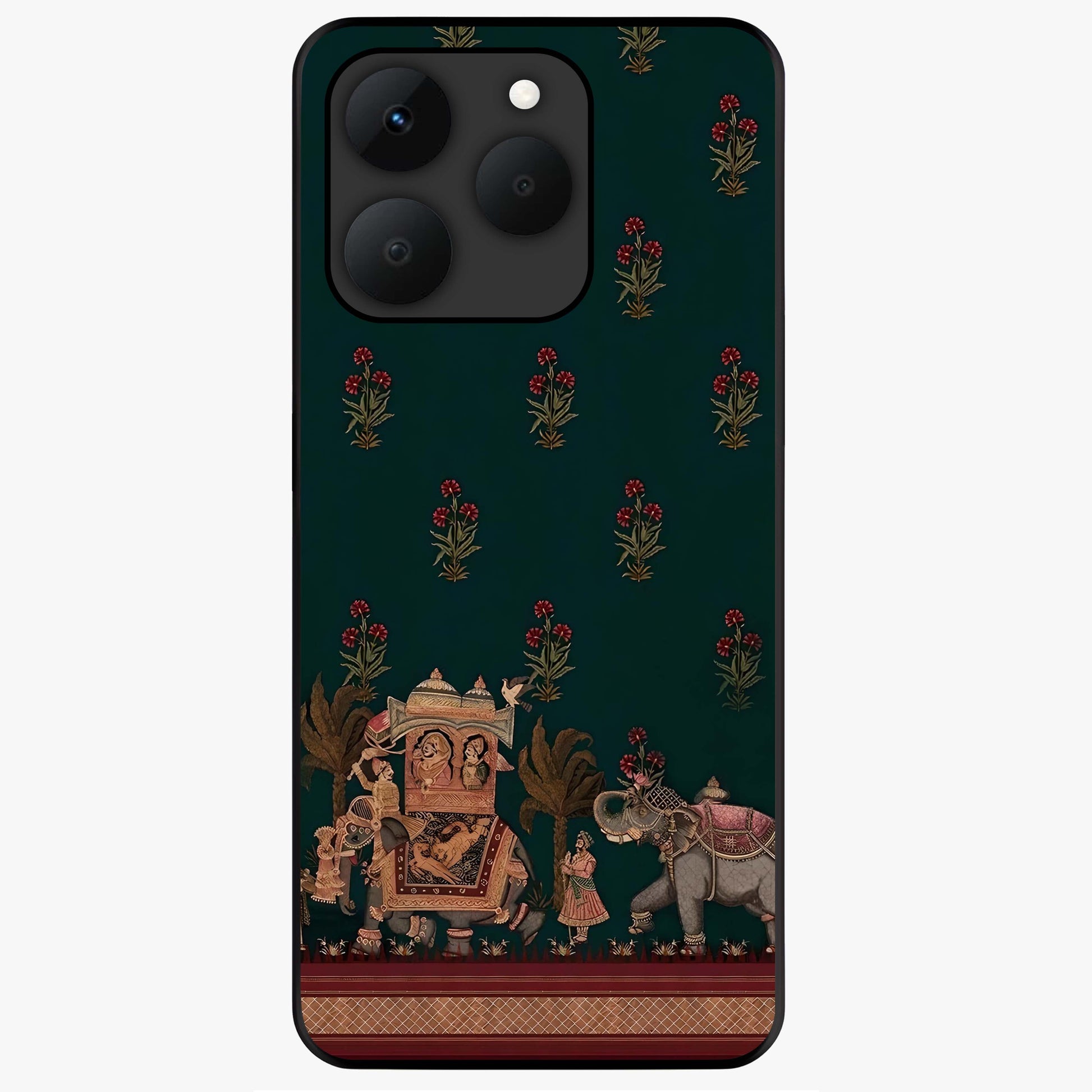 Macmerise Glass Case showing flat back view with stylish modern artwork and glossy glass finish.