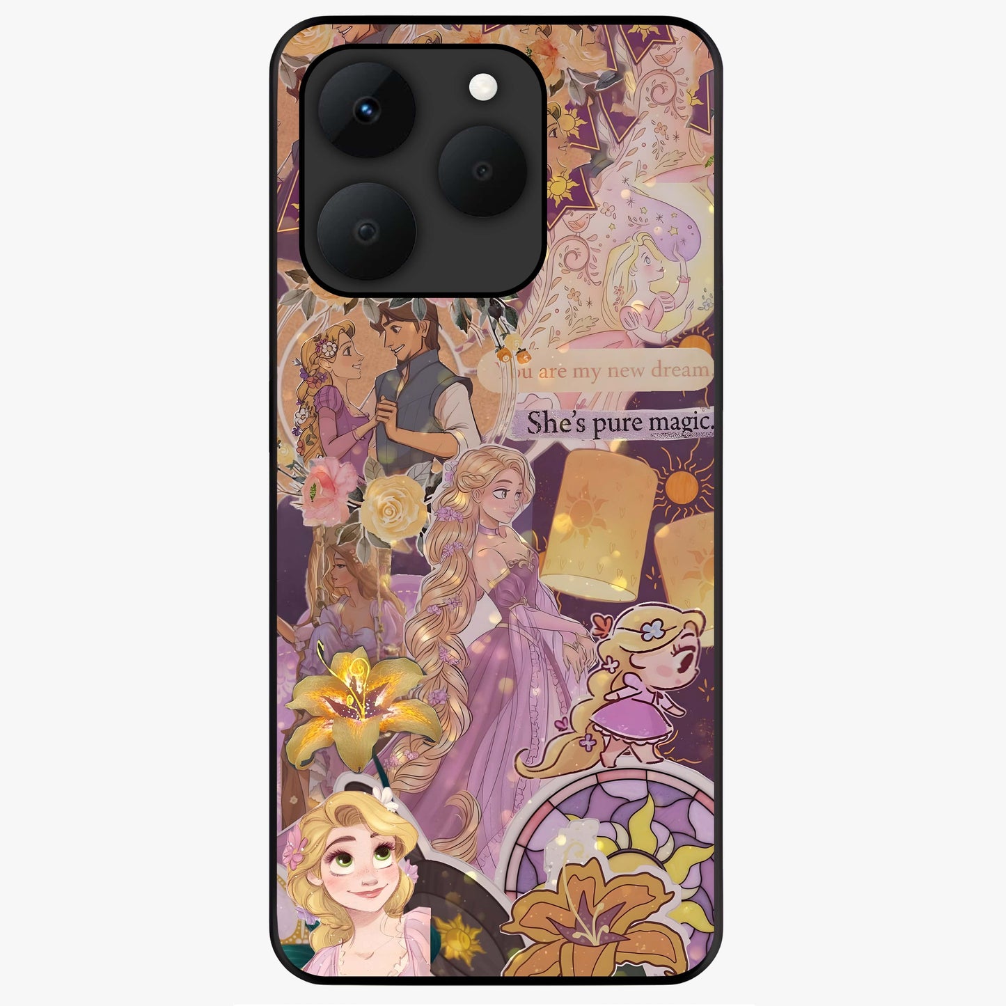 Magical Tangled Dream Glass Case showing flat back view with dreamy tangled artwork and glossy glass finish.