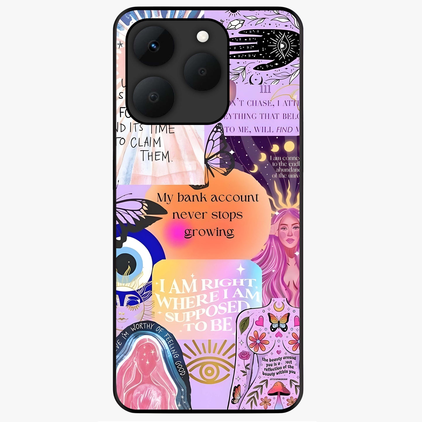 Manifestation Collage Glass Case showing flat back view with motivational collage artwork and glossy glass finish.