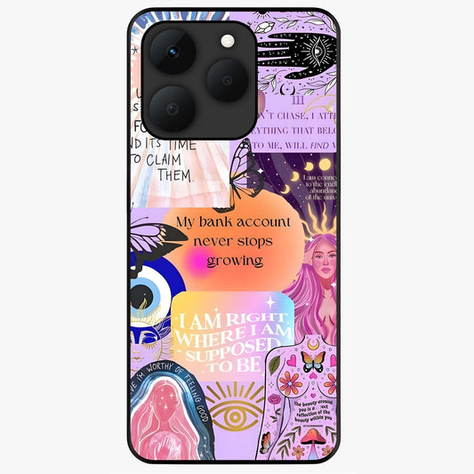 Manifestation Collage Glass Case showing flat back view with motivational collage artwork and glossy glass finish.