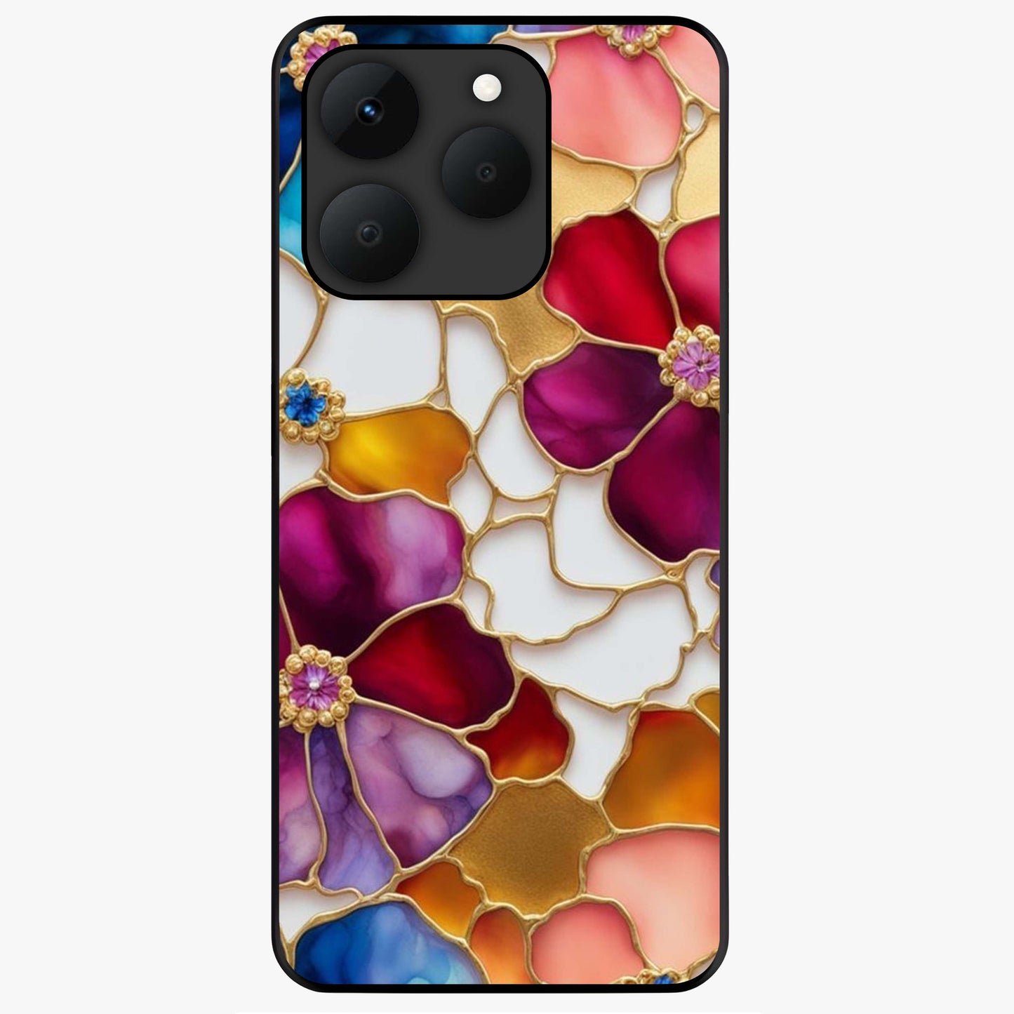 Marble Flower Pattern Glass Case showing flat back view with marble texture floral artwork and glossy glass finish.