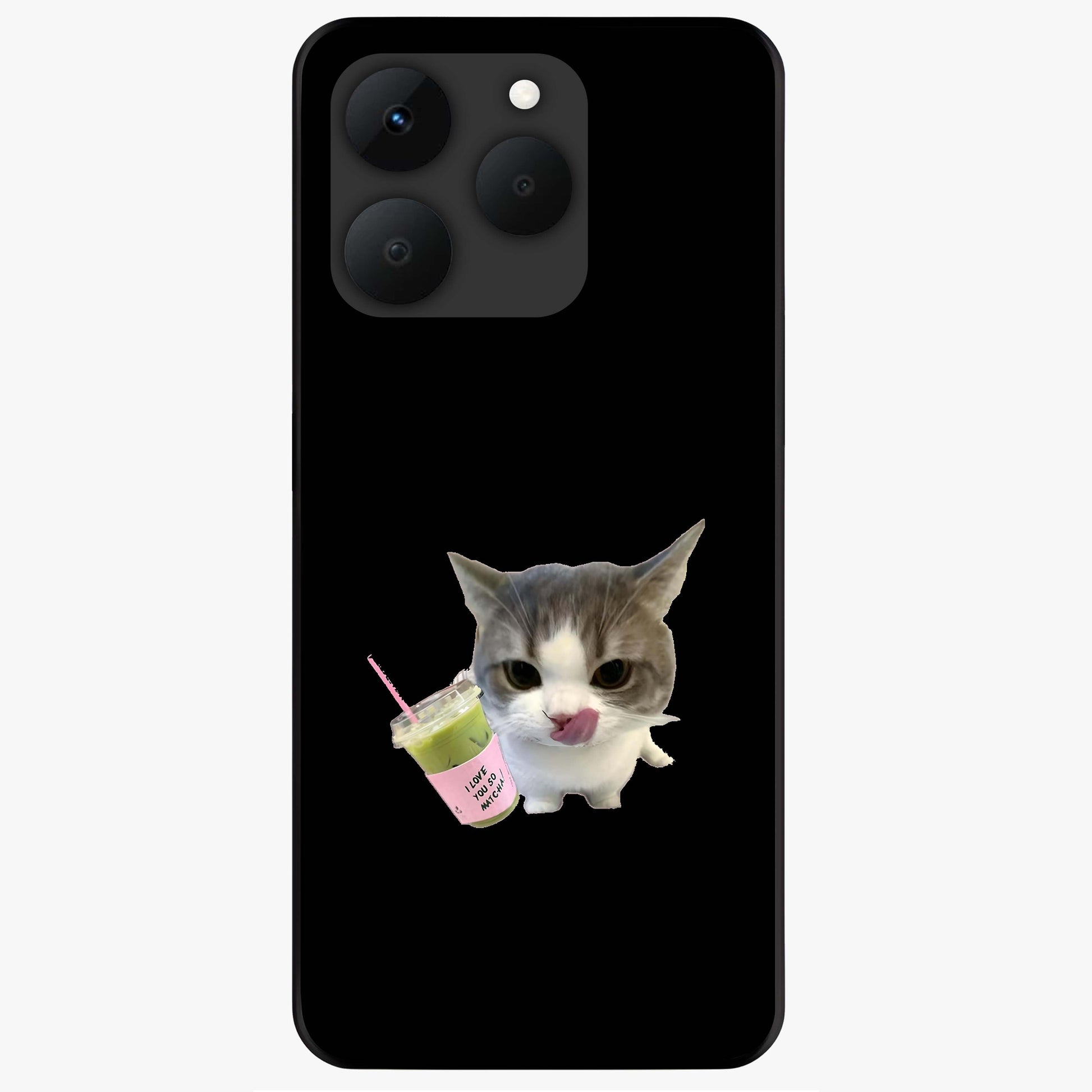 Matcha Cat Style Glass Case showing flat back view with cute matcha themed cat artwork and glossy glass finish.