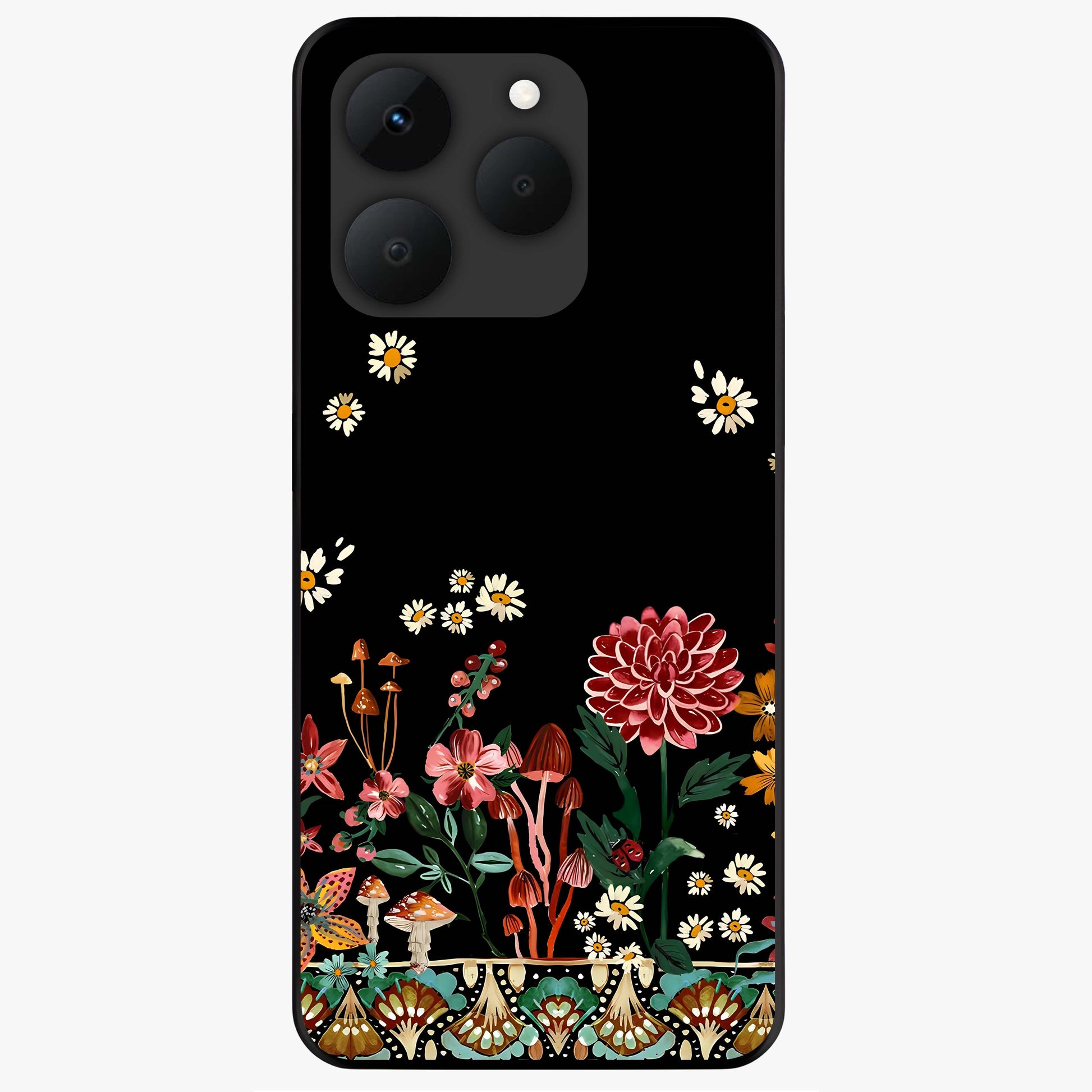 Midnight Bloom Pattern Glass Case showing flat back view with dark floral pattern artwork and glossy glass finish.
