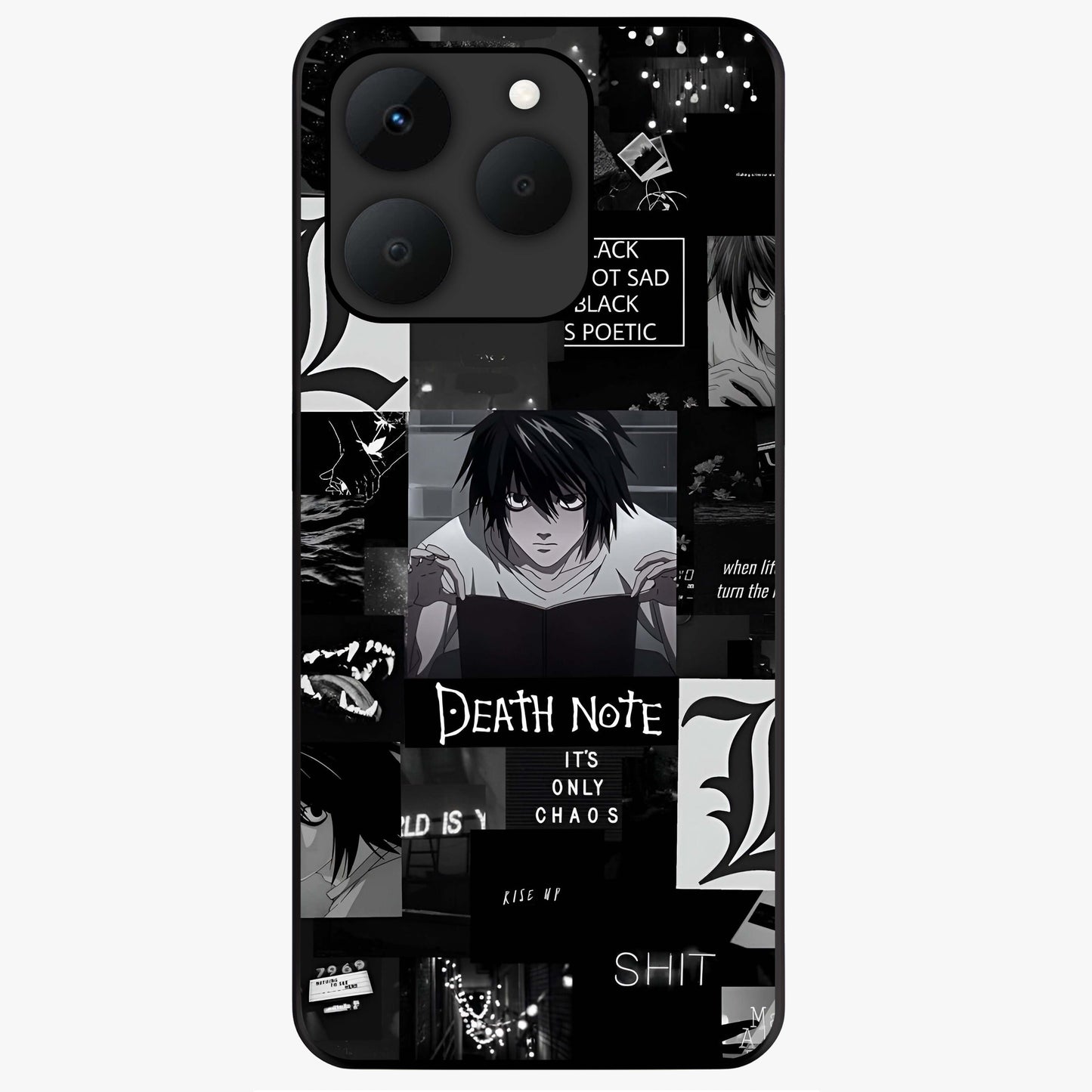 Midnight Chaos Mind Glass Case showing flat back view with abstract dark themed artwork and glossy glass finish.