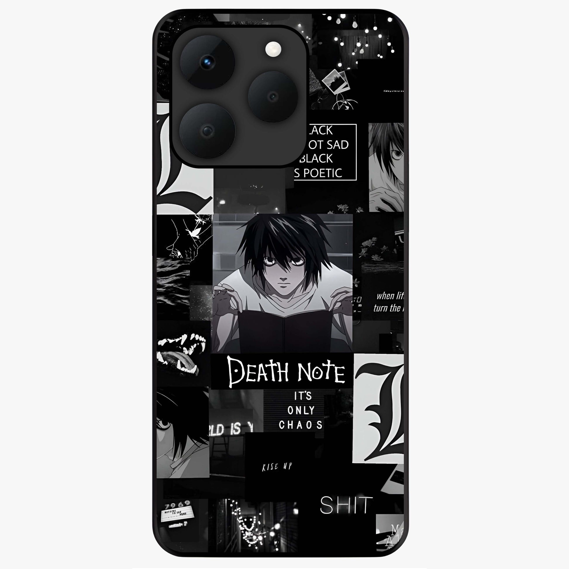 Midnight Chaos Mind Glass Case showing flat back view with abstract dark themed artwork and glossy glass finish.