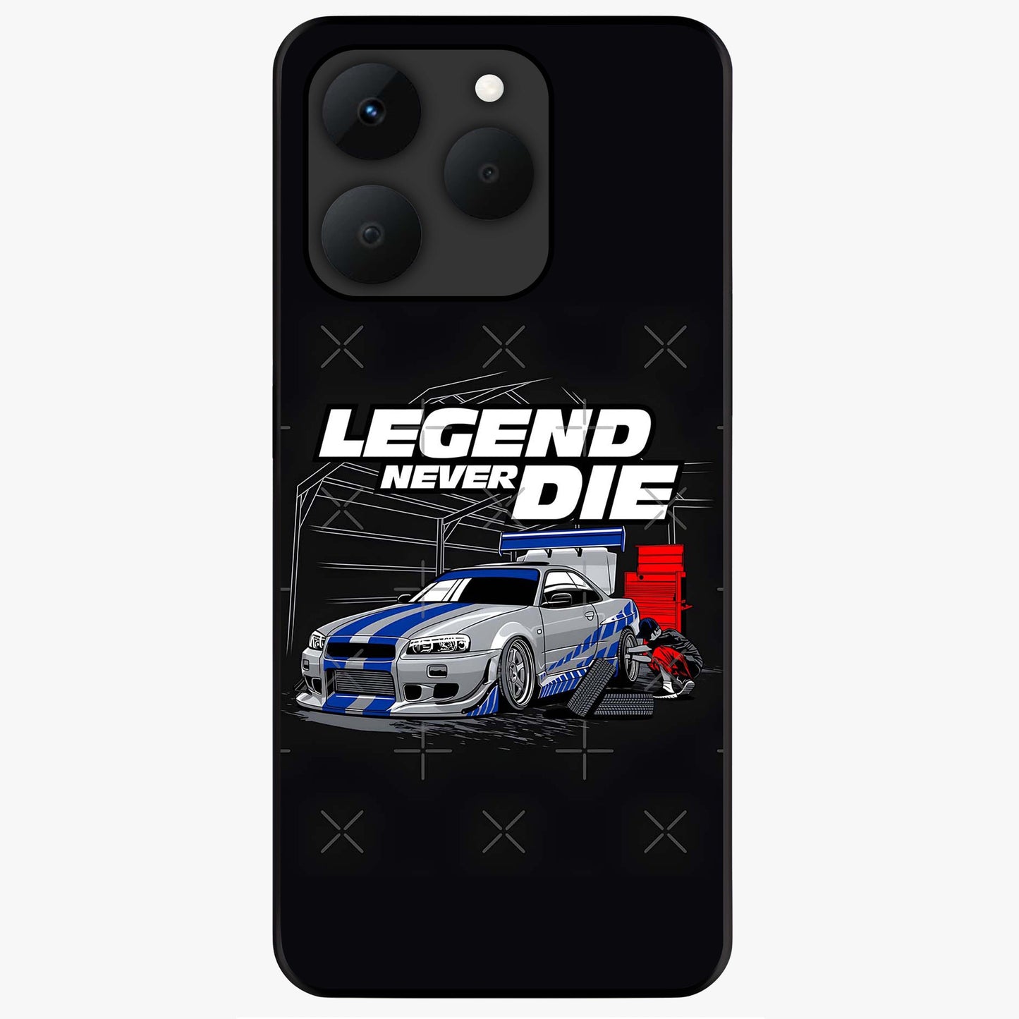 Midnight Racing Legacy Glass Case showing flat back view with sleek racing inspired artwork and glossy glass finish.