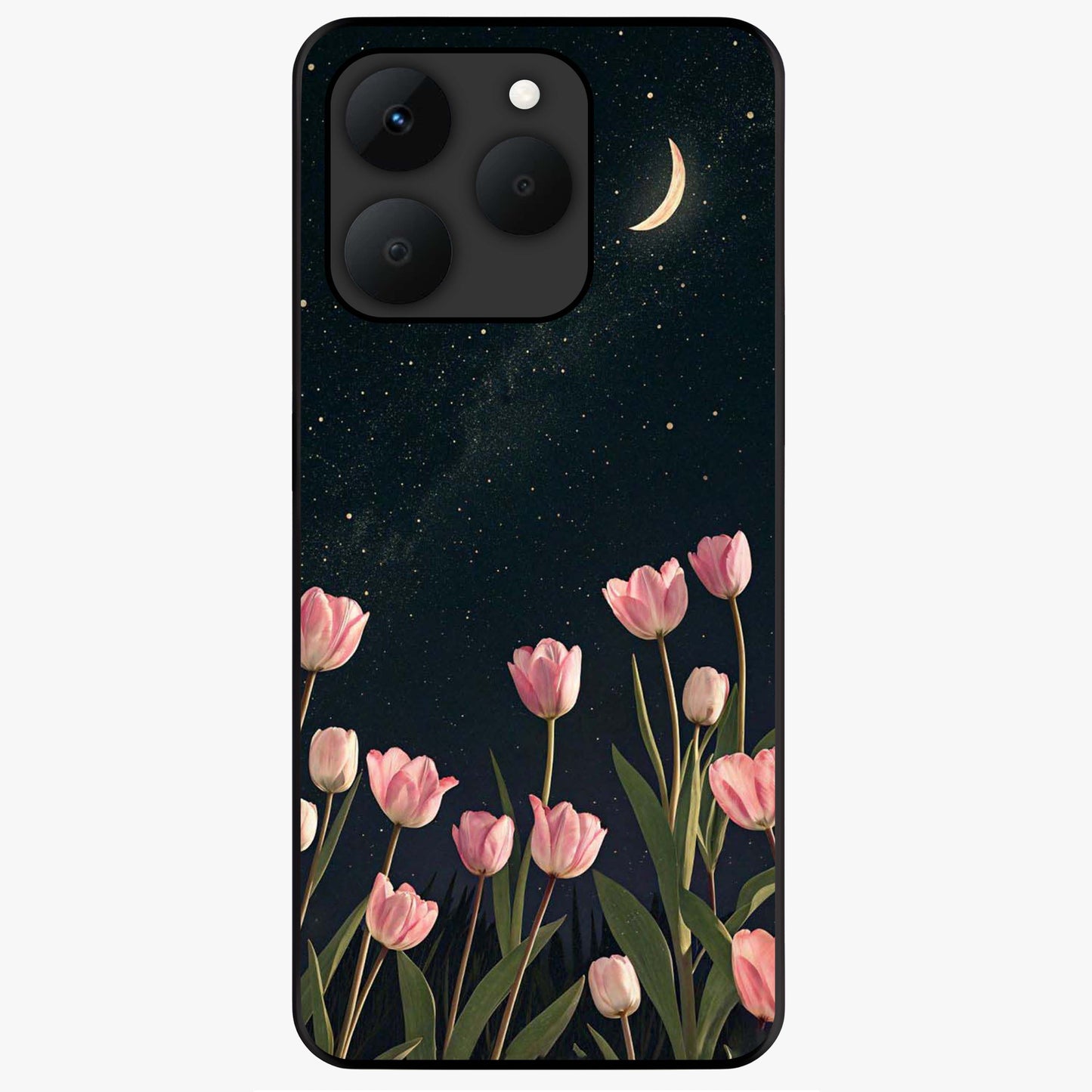 Midnight Tulip Whispers Vibe Glass Case showing flat back view with elegant tulip flower artwork and glossy glass finish.