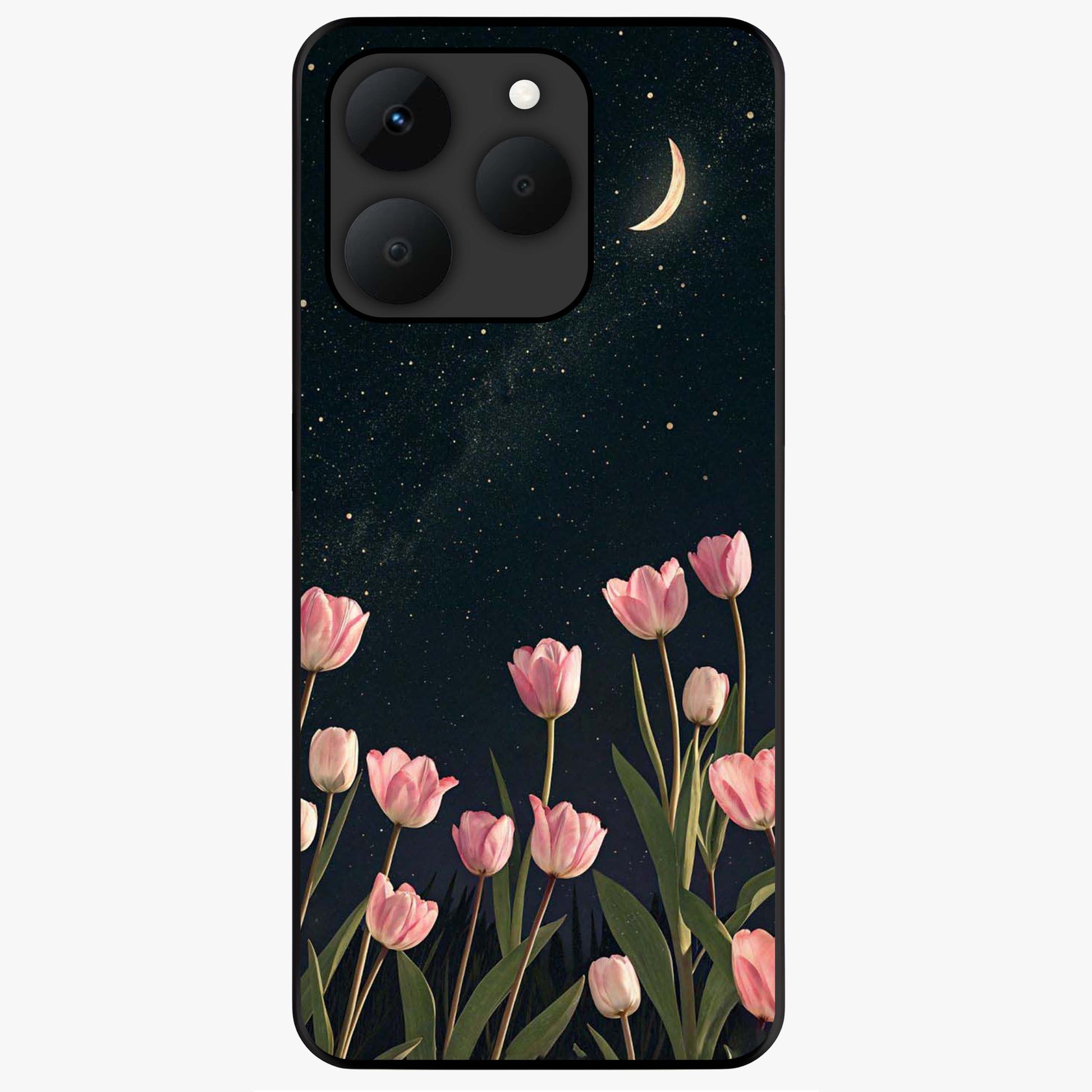 Midnight Tulip Whispers Vibe Glass Case showing flat back view with elegant tulip flower artwork and glossy glass finish.