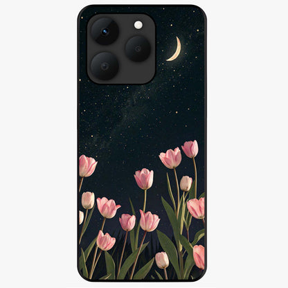 Midnight Tulip Whispers Vibe Glass Case showing flat back view with elegant tulip flower artwork and glossy glass finish.