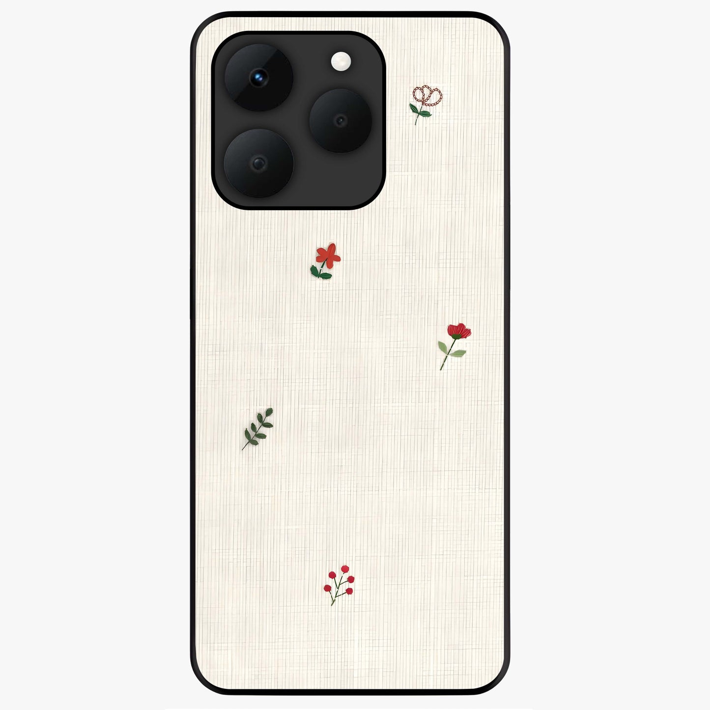 Minimal Petal Whispers Glass Case showing flat back view with soft minimal floral artwork and glossy glass finish.