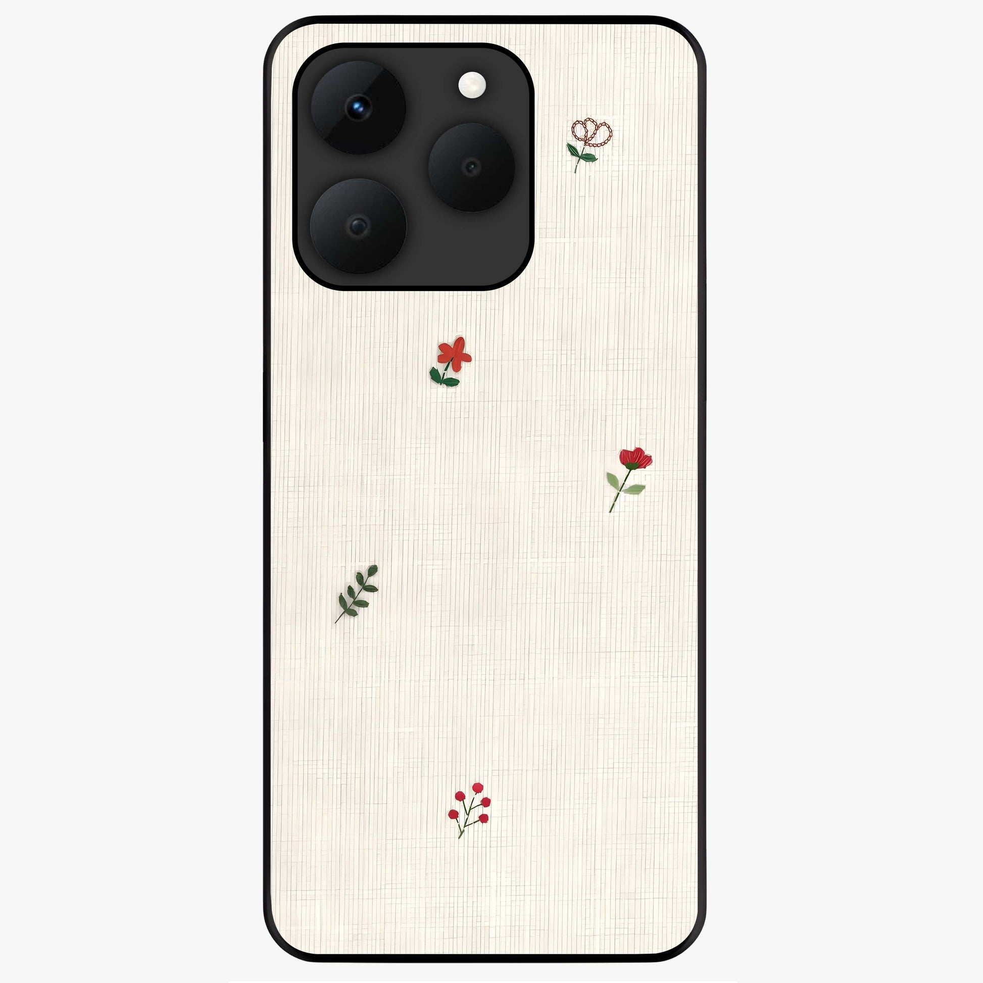 Minimal Petal Whispers Glass Case showing flat back view with soft minimal floral artwork and glossy glass finish.