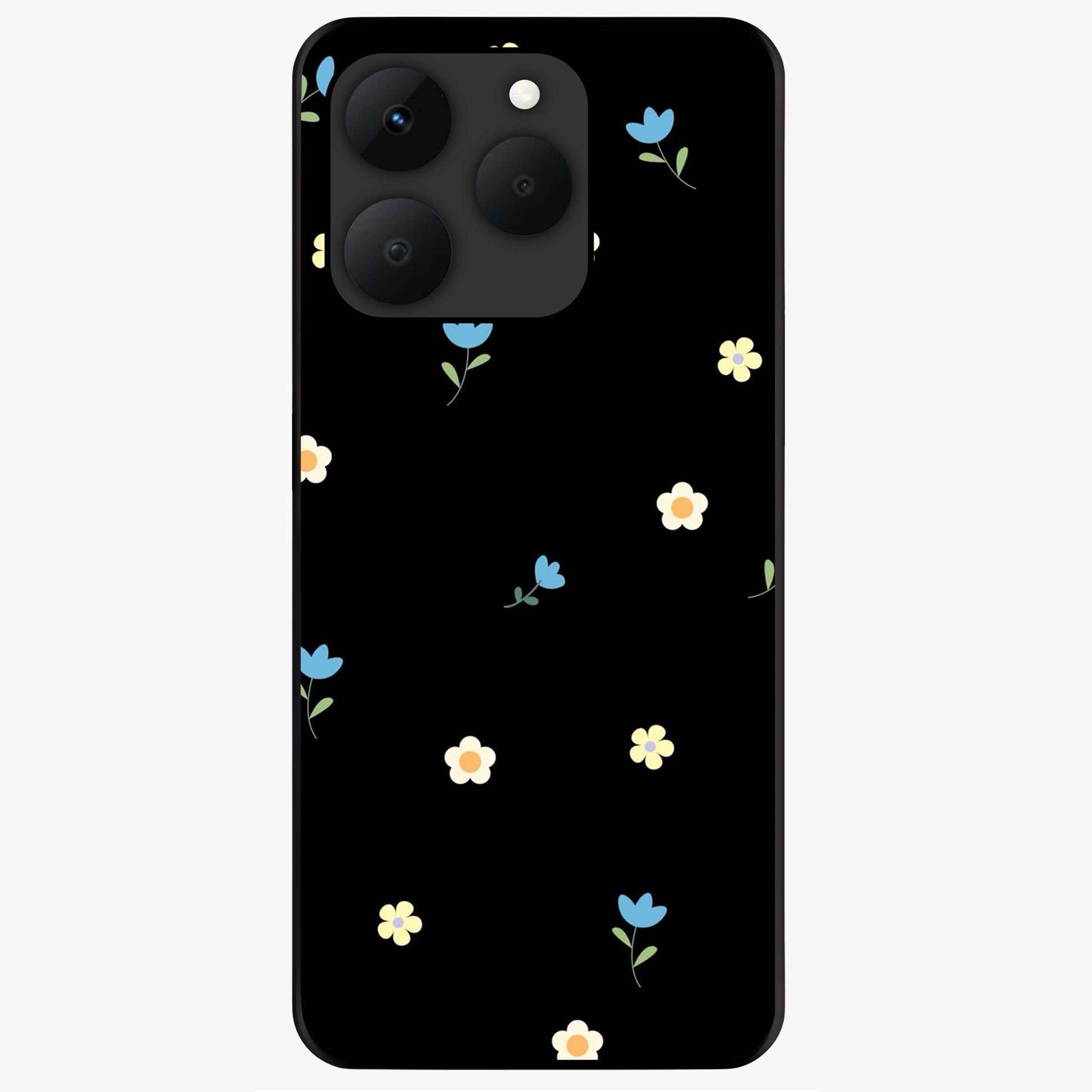 Minimalistic Blue With White Flower Pattern Glass Case showing flat back view with blue background and white flower pattern and glossy glass finish.
