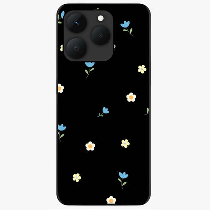 Minimalistic Blue With White Flower Pattern Glass Case showing flat back view with blue background and white flower pattern and glossy glass finish.