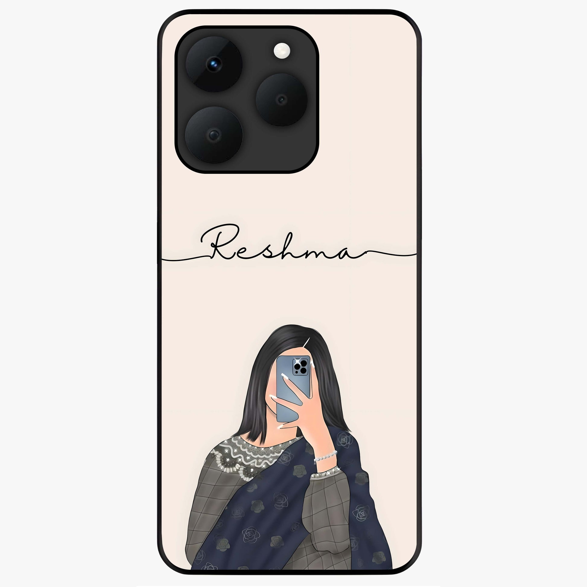 Mirror Mood Muse With Custom Name Glass Case showing flat back view with stylish mirrored artwork and personalized name design.