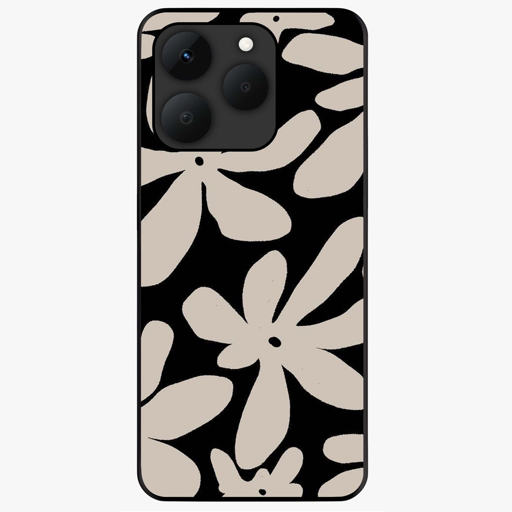 Monochrome Petal Dance Glass Case showing flat back view with monochrome floral artwork and glossy glass finish.
