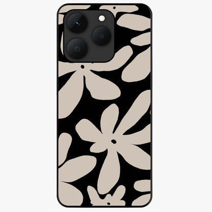 Monochrome Petal Dance Glass Case showing flat back view with monochrome floral artwork and glossy glass finish.