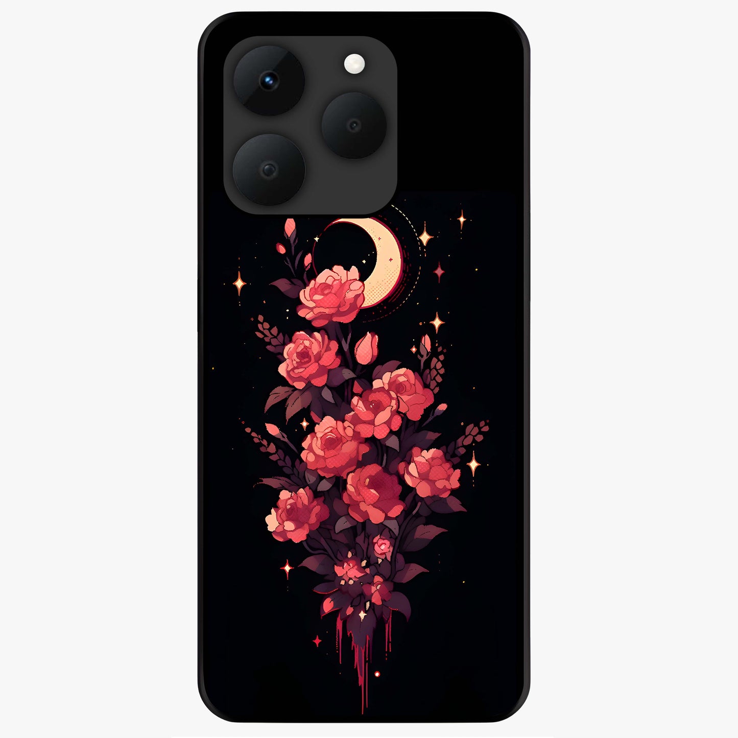 Moonlit Floral Elegance Glass Case showing flat back view with elegant floral artwork under moonlit tones and glossy glass finish.