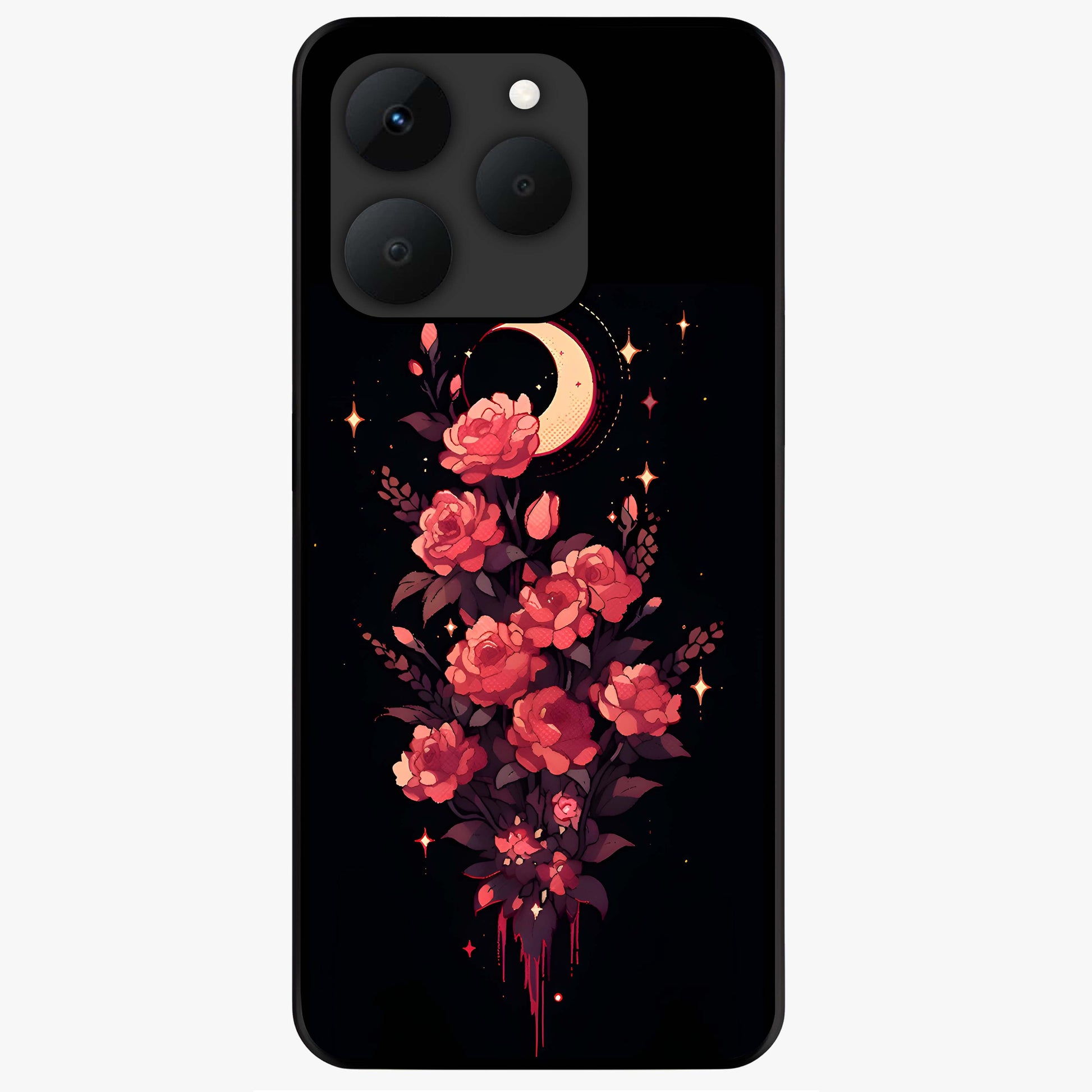 Moonlit Floral Elegance Glass Case showing flat back view with elegant floral artwork under moonlit tones and glossy glass finish.