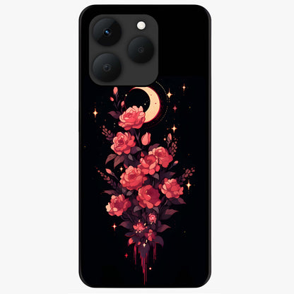 Moonlit Floral Elegance Glass Case showing flat back view with elegant floral artwork under moonlit tones and glossy glass finish.
