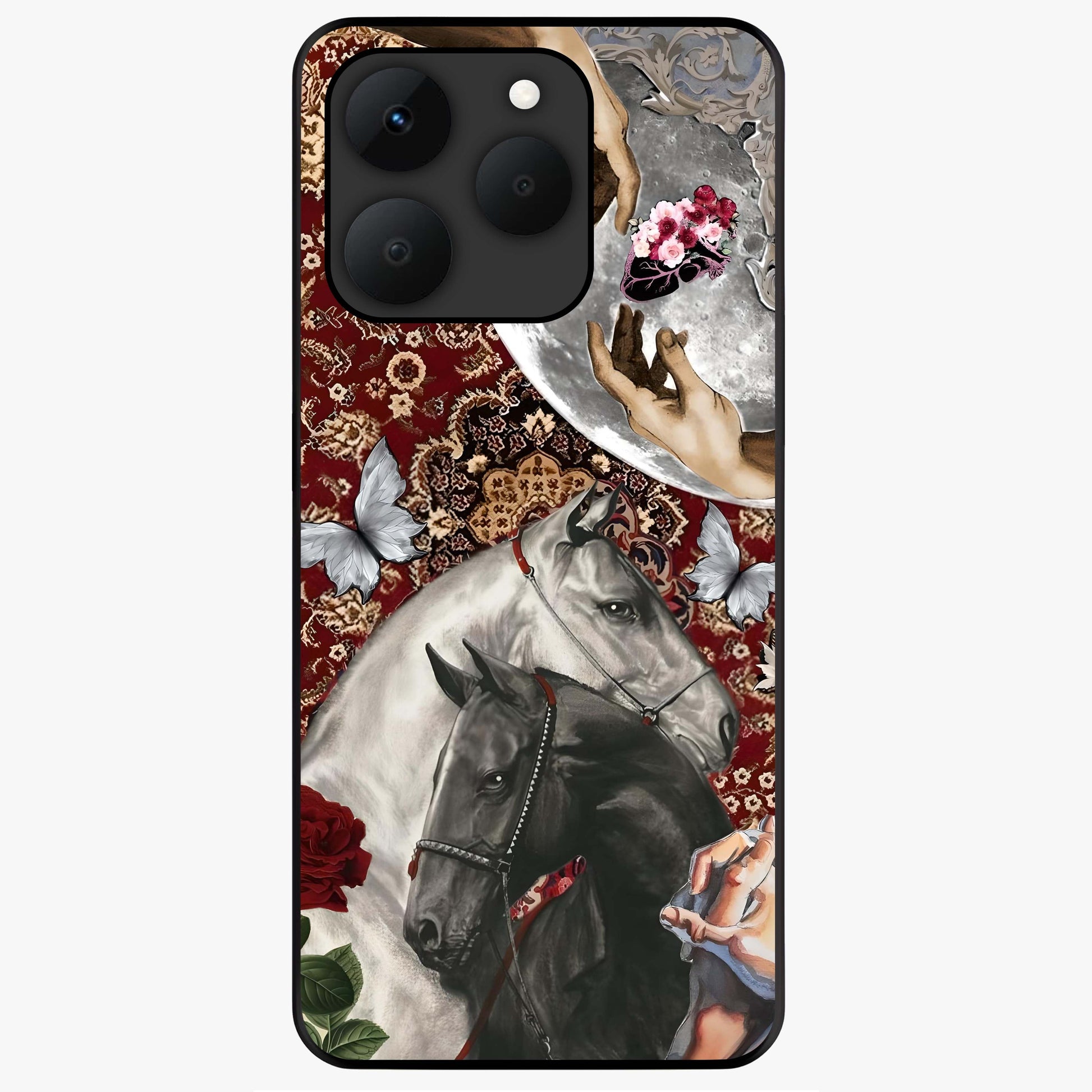 Moonlit Royal Stallion Glass Case showing flat back view with majestic horse under moonlight artwork and glossy glass finish.