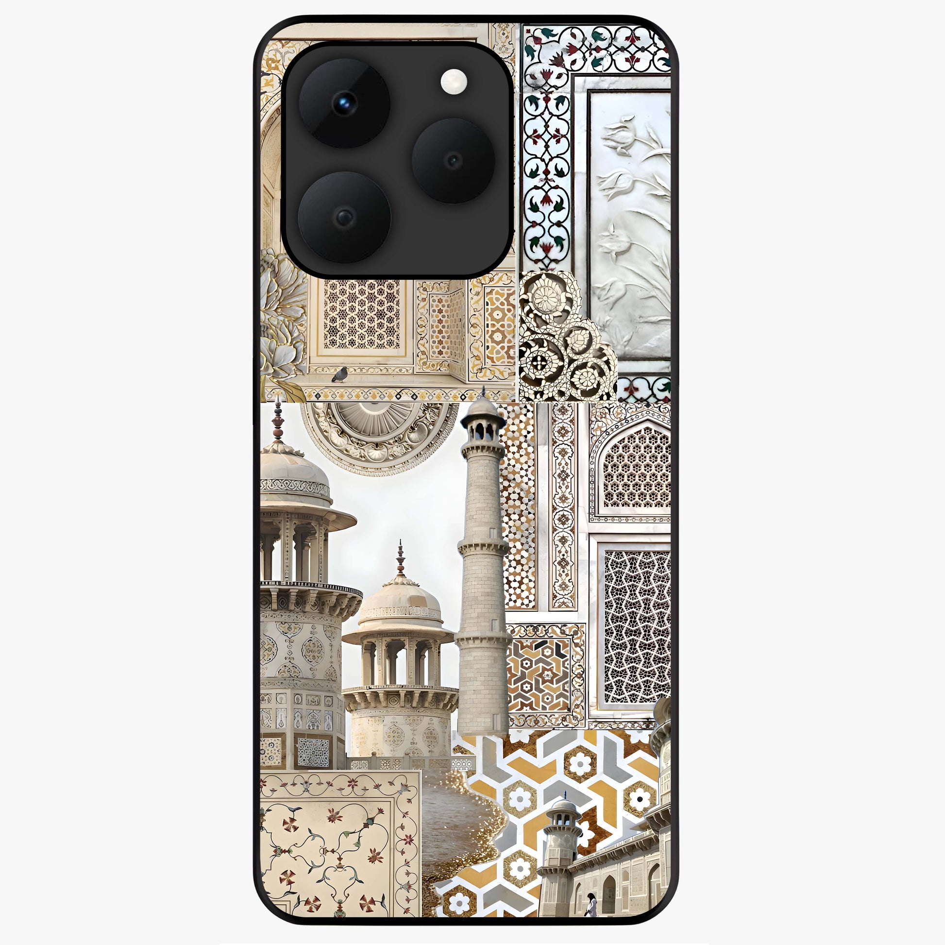 Mughal Marble Legacy Glass Case showing flat back view with intricate Mughal inspired marble pattern and glossy glass finish.
