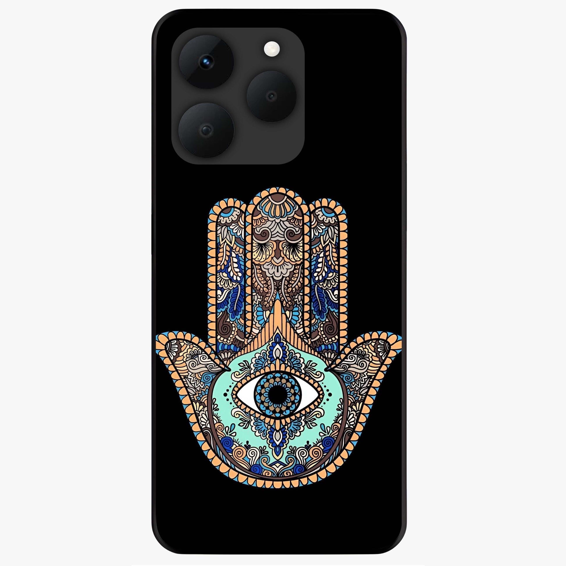 Mystic Hamsa Eye Glass Case showing flat back view with protective hamsa hand and evil eye artwork and glossy glass finish.