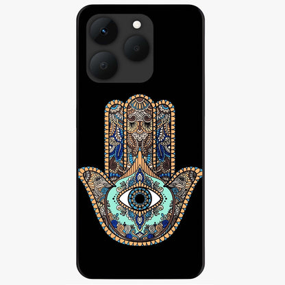 Mystic Hamsa Eye Glass Case showing flat back view with protective hamsa hand and evil eye artwork and glossy glass finish.