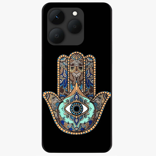 Mystic Hamsa Eye Glass Case showing flat back view with protective hamsa hand and evil eye artwork and glossy glass finish.