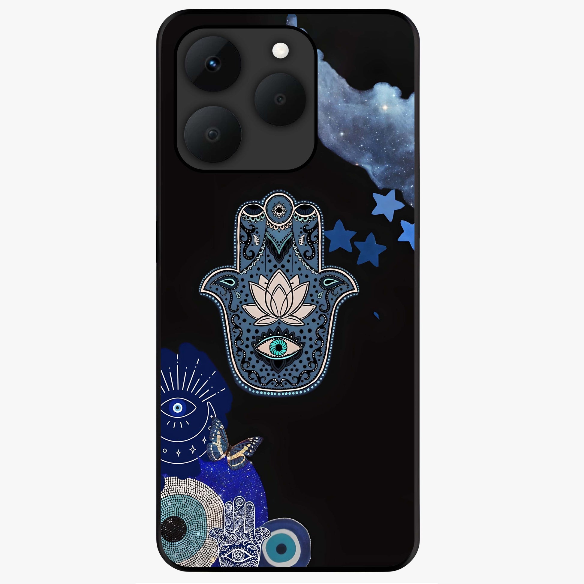 Mystic Hand Aura Glass Case showing flat back view with mystical hand symbol artwork and glossy glass finish.