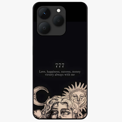 Mystic Victory Aura Glass Case showing flat back view with victory symbol artwork and glossy glass finish.