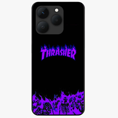 Neon Flame Riot Glass Case showing flat back view with neon flame artwork and glossy glass finish.