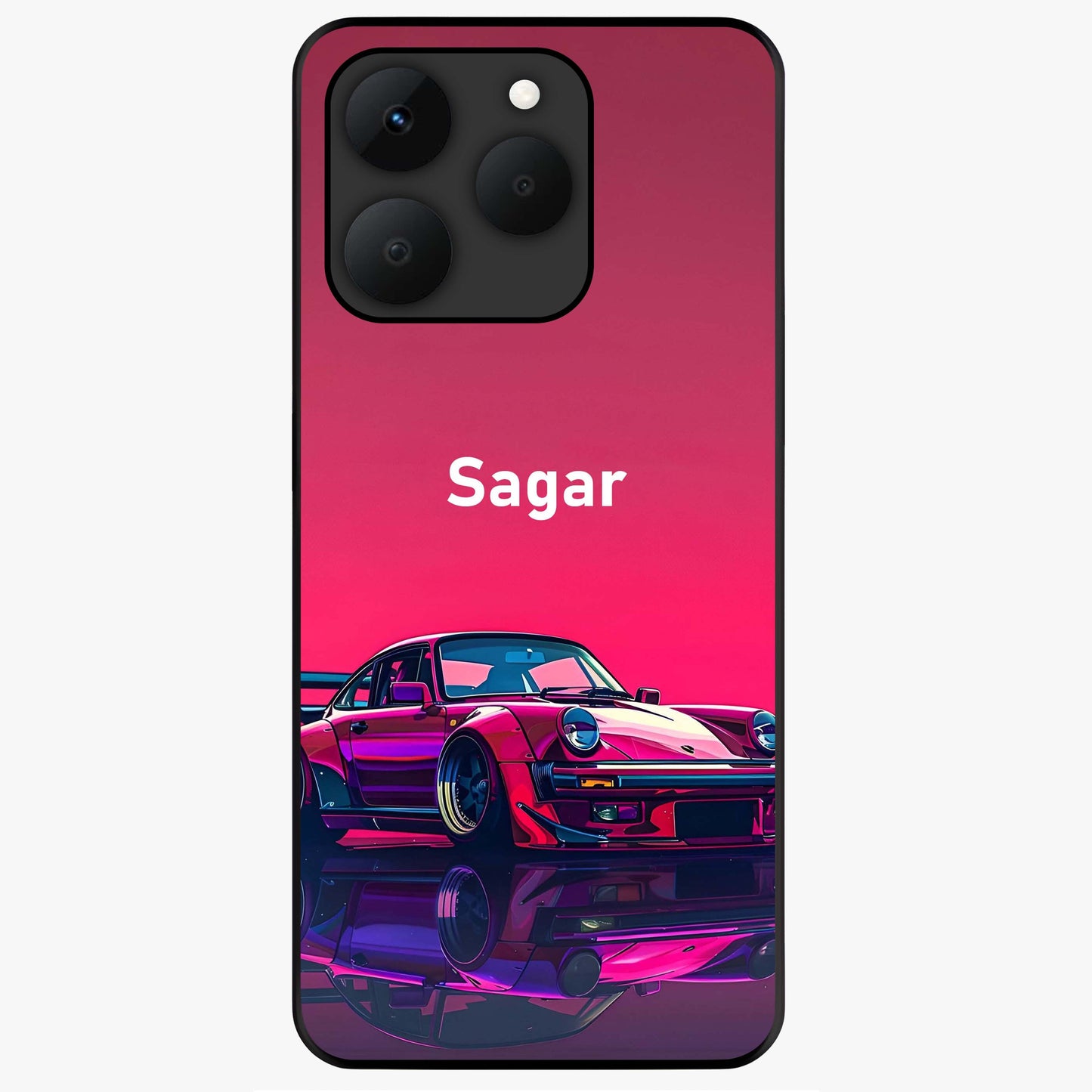 Neon Pink Porsche Glass Case showing flat back view with stylish sports car artwork and glossy glass finish.