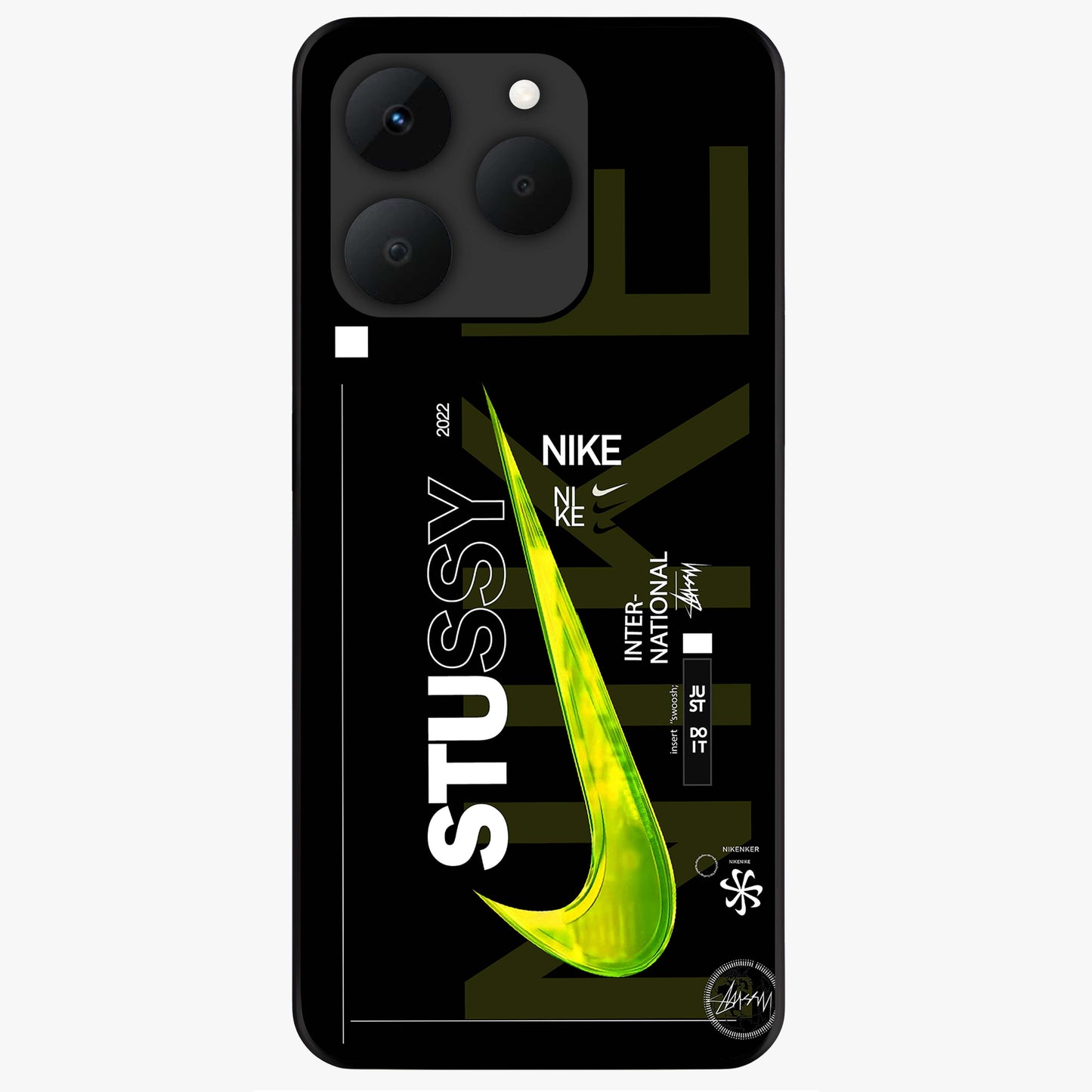 Neon Street Edition Glass Case showing flat back view with neon street style artwork and glossy glass finish.