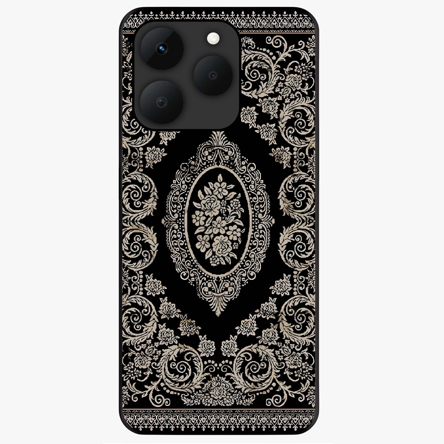 Noir Bloom Elegance Glass Case showing flat back view with elegant dark floral artwork and glossy glass finish.