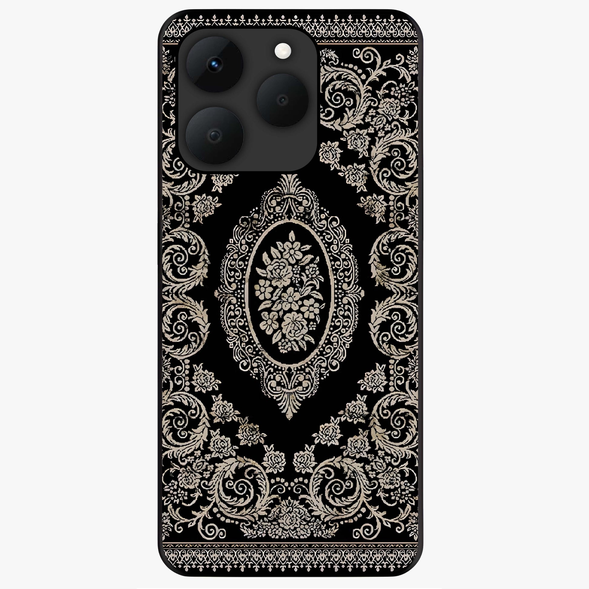Noir Bloom Elegance Glass Case showing flat back view with elegant dark floral artwork and glossy glass finish.