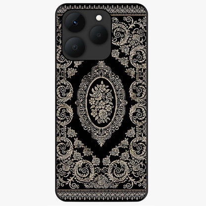 Noir Bloom Elegance Glass Case showing flat back view with elegant dark floral artwork and glossy glass finish.