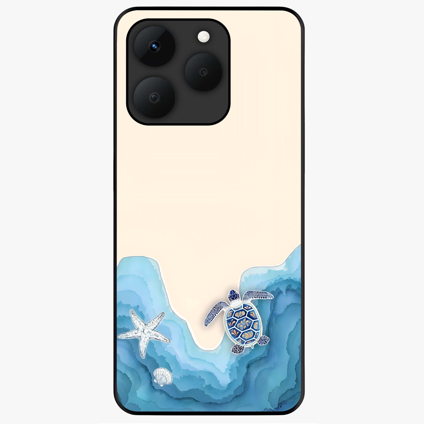 Ocean Drift Turtle Glass Case showing flat back view with sea turtle artwork and glossy glass finish.