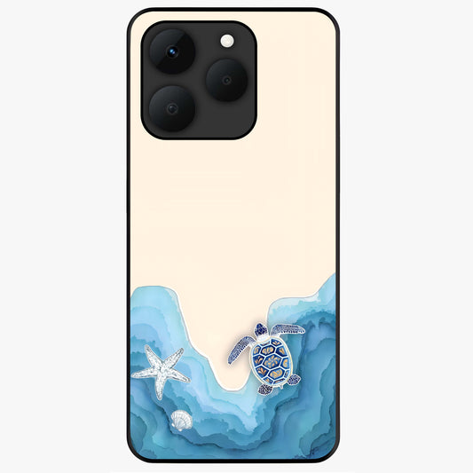 Ocean Drift Turtle Glass Case showing flat back view with sea turtle artwork and glossy glass finish.