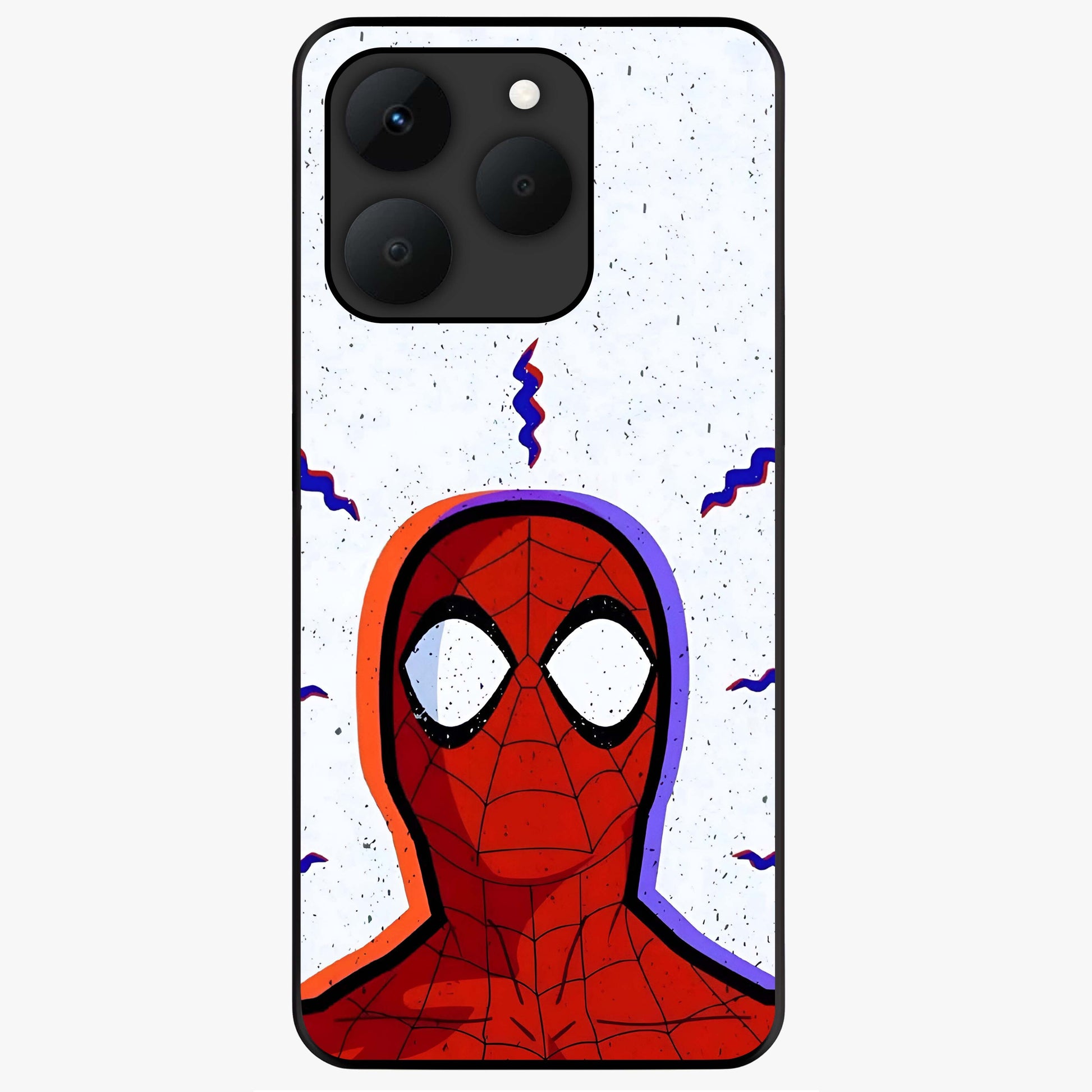 Omg Spiderman Glass Case showing flat back view with bold superhero inspired artwork and glossy glass finish.