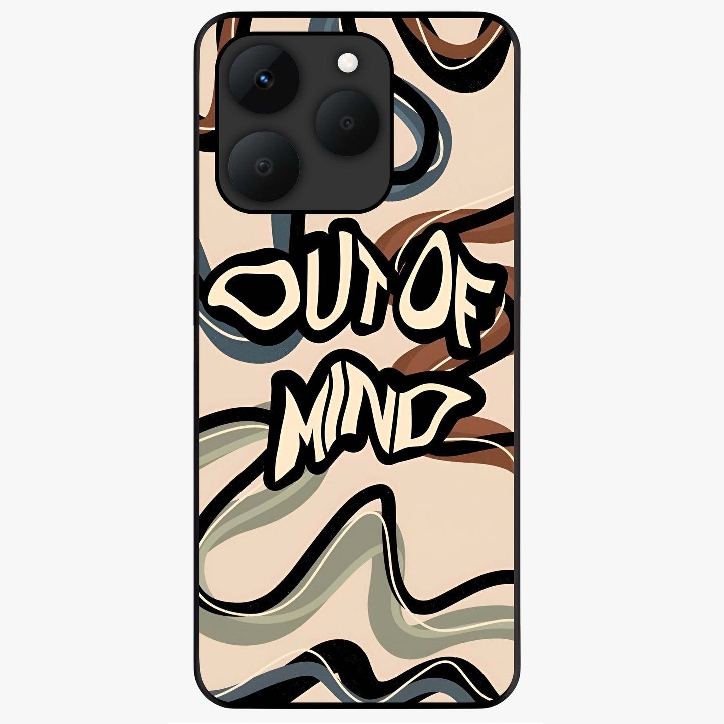 Out Of Mind Glass Case showing flat back view with expressive typography artwork and glossy glass finish.