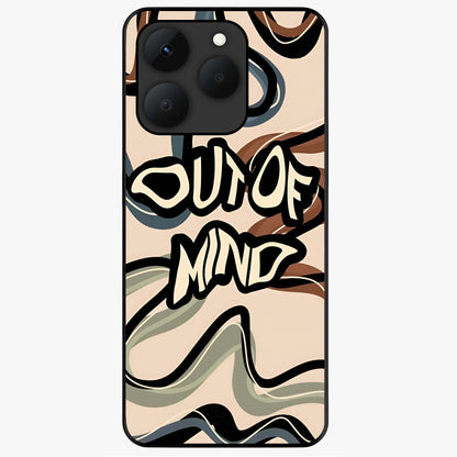 Out Of Mind Glass Case showing flat back view with expressive typography artwork and glossy glass finish.
