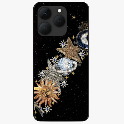 Pearls Universe Object Glass Case showing flat back view with pearl inspired cosmic artwork and glossy glass finish.