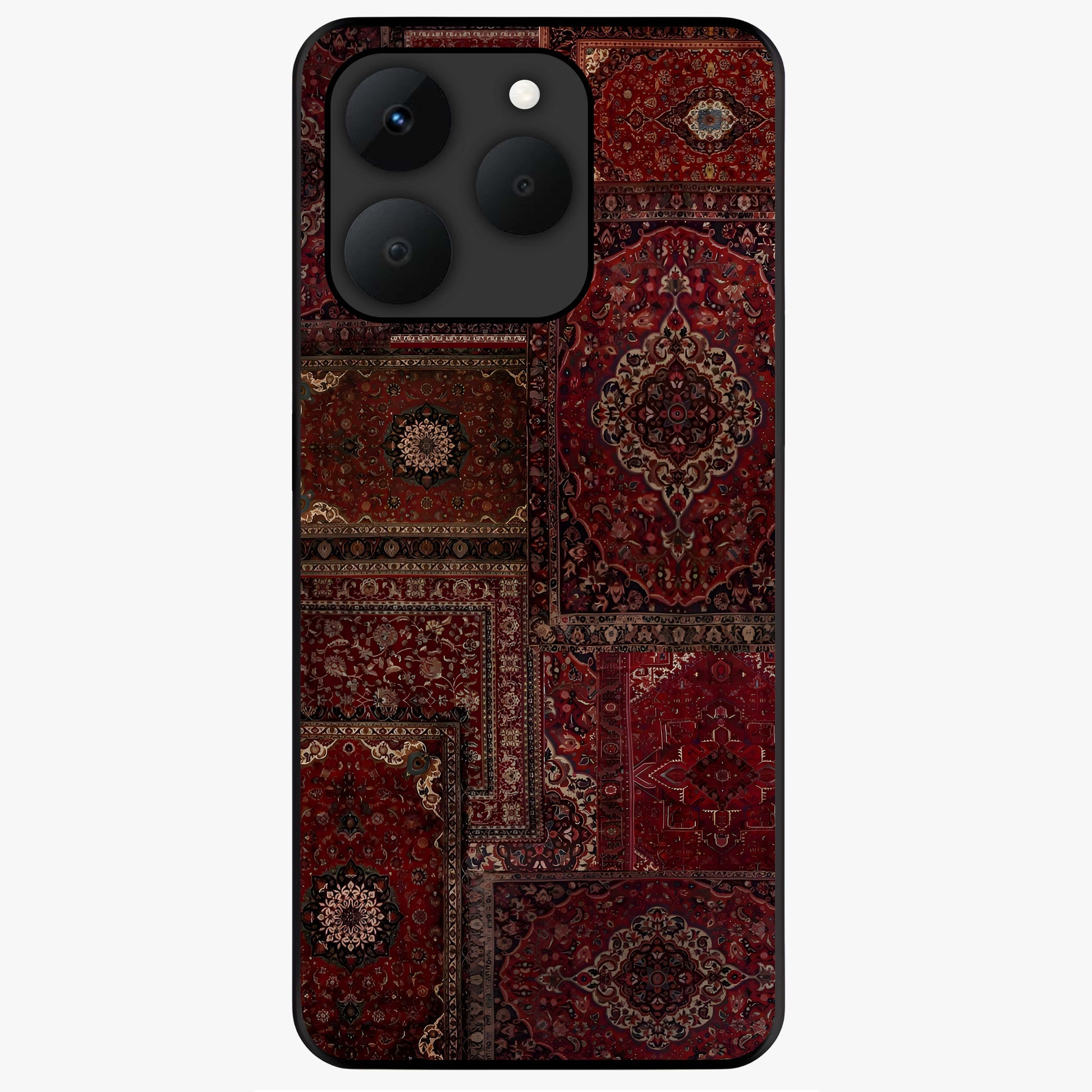 Persian Velvet Tale Glass Case showing flat back view with luxurious Persian velvet pattern artwork and glossy glass finish.