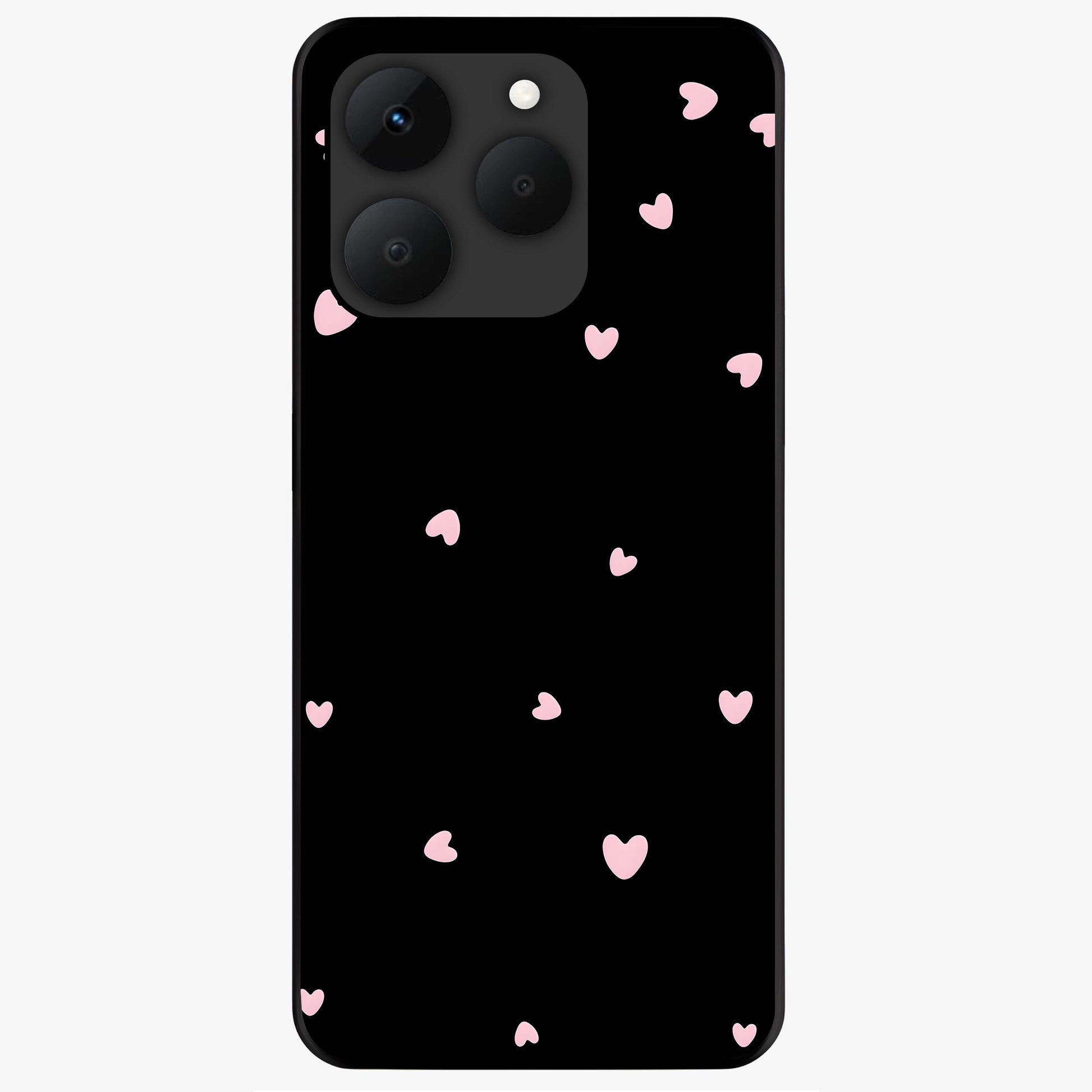 Pink Love Drops Glass Case showing flat back view with playful pink heart drops artwork and glossy glass finish.