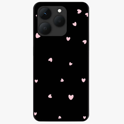Pink Love Drops Glass Case showing flat back view with playful pink heart drops artwork and glossy glass finish.