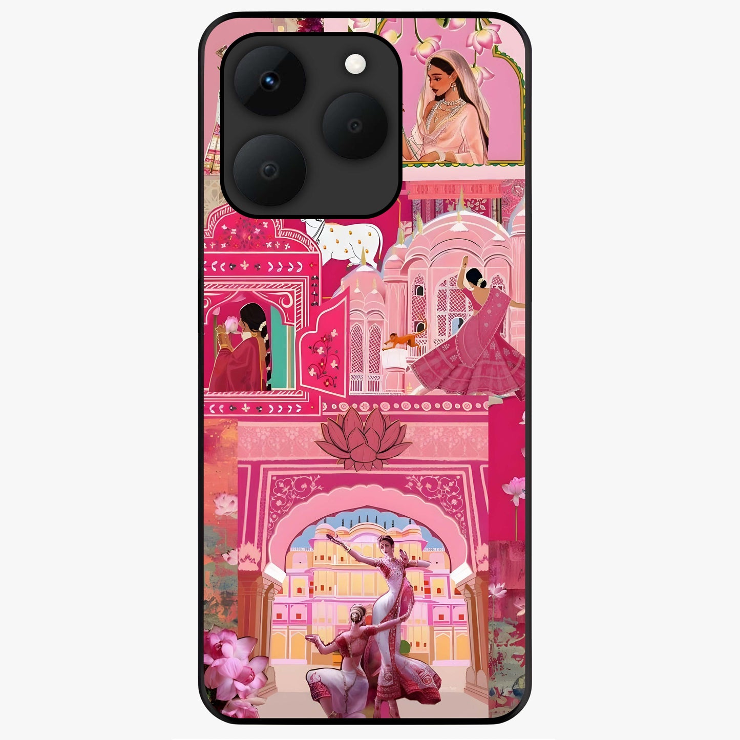 Pink Palace Muse Glass Case showing flat back view with elegant palace inspired artwork and glossy glass finish.
